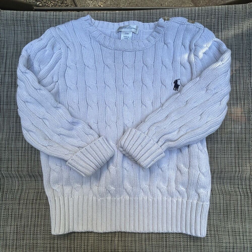 Ralph Lauren Boy's Chunky Cable Knit Sweater Fisherman Cream Neutral 24MO Preppy